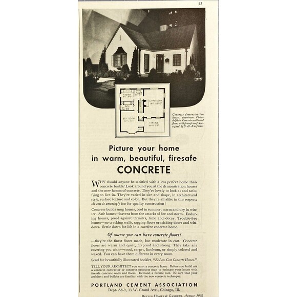 Portland Cement Assoc. "Picture your home in Concrete" Vintage Print Ad 1936 - Picture 1 of 3